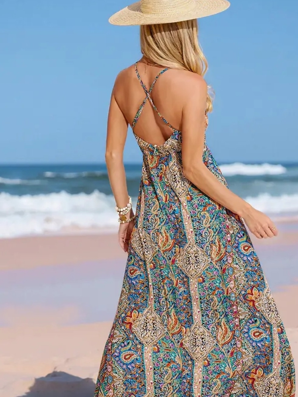 NWT Boho V-Neck Multicolor Maxi Dress with Side Slit Womens Size S - Picture 2 of 10